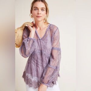 Anthropologie Bl-nk Alice Floral Lace Top Lilac Purple Peplum Boho Romantic S